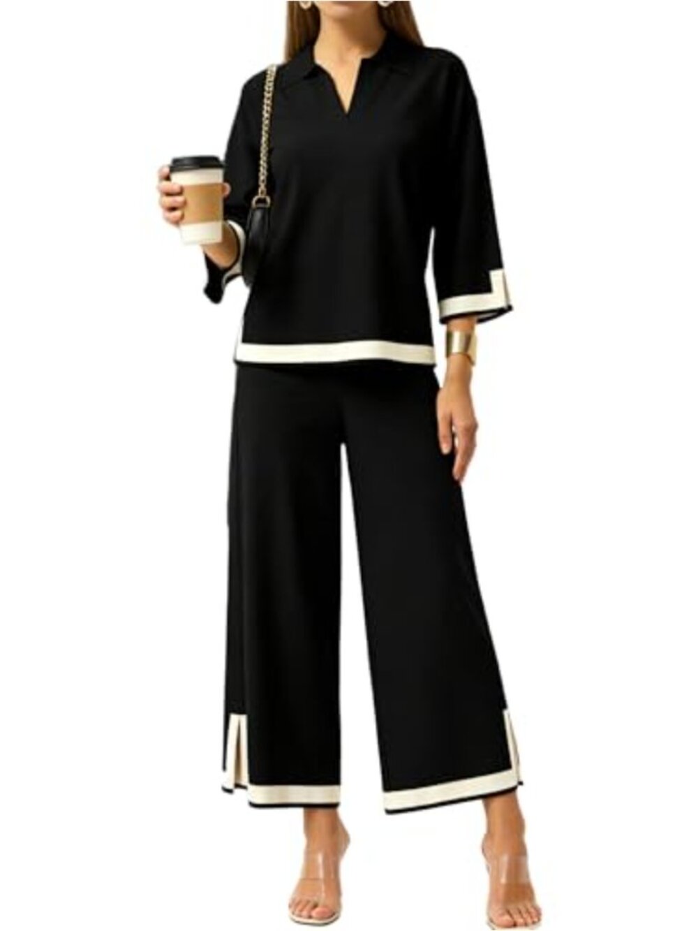 Women's 2 Piece Knit Lounge Set - 3/4 Sleeve Sweater Top & Wide Leg Pants
